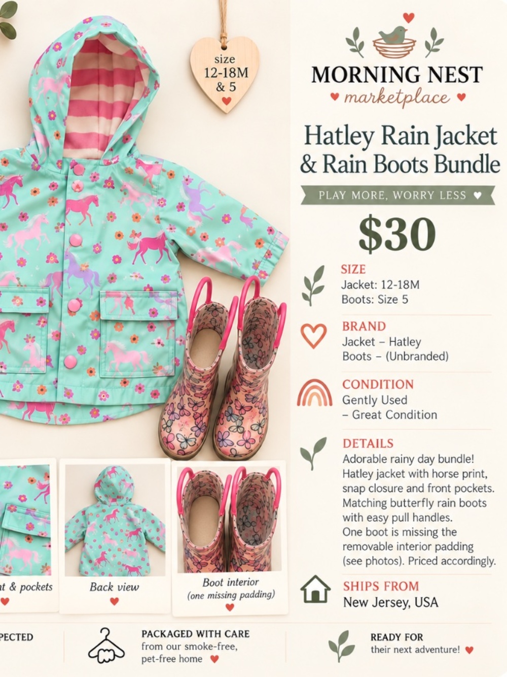 Hatley Horse Rain Jacket 12–18M & Butterfly Rain Boots Size 5 | Toddler Bundle